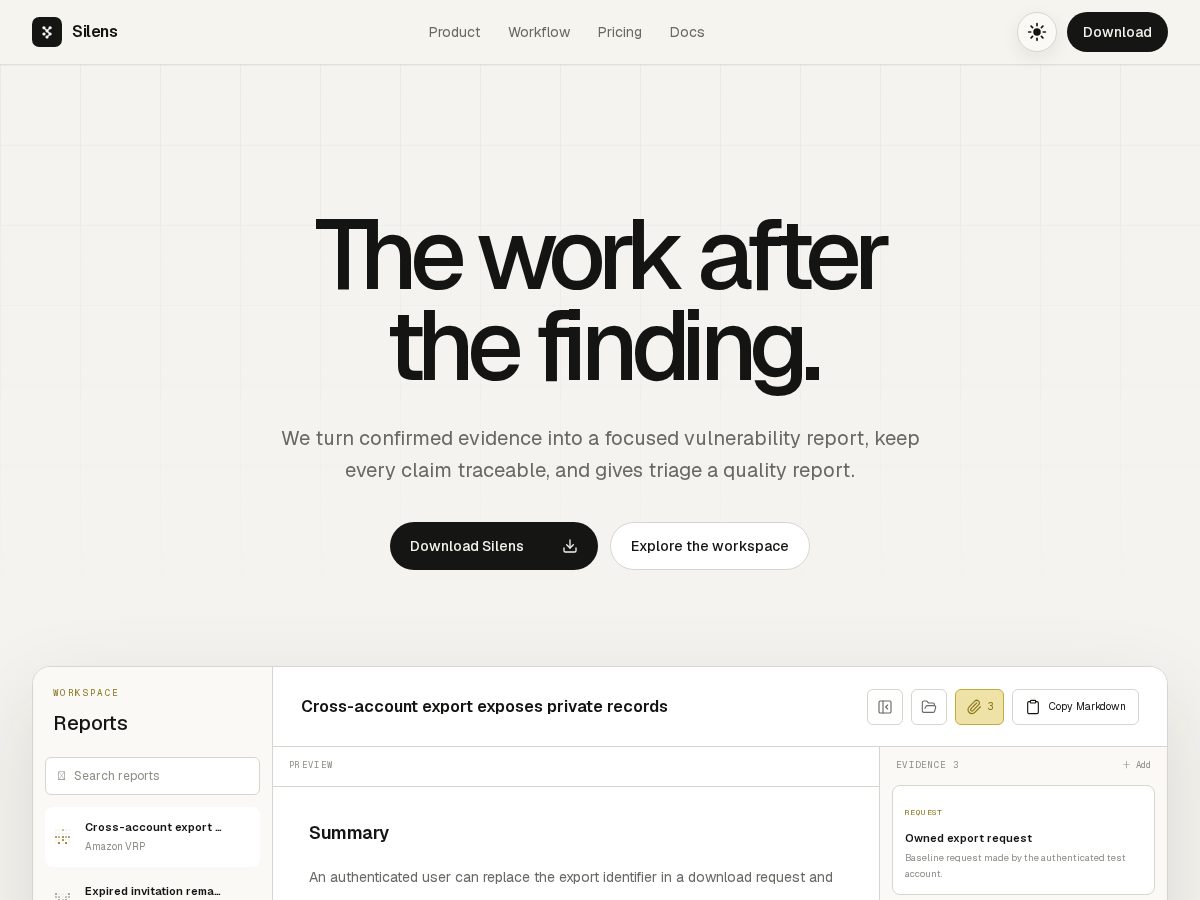 Landing-page snapshot of silens.dev