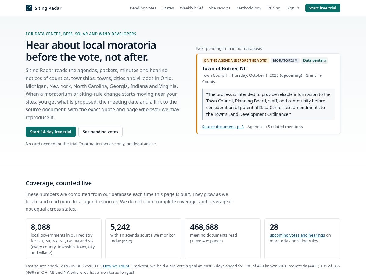 Landing-page snapshot of sitingradar.com