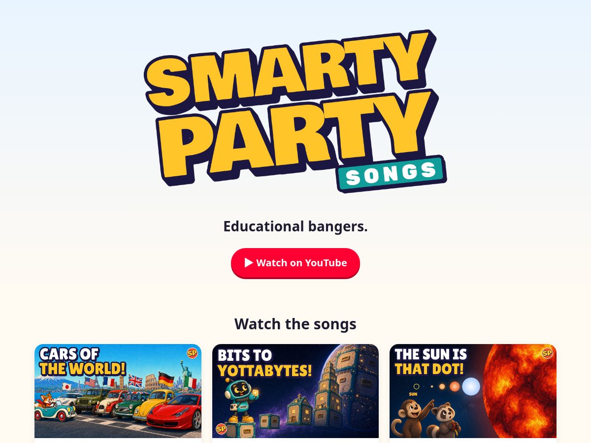Landing-page snapshot of smartypartysongs.com