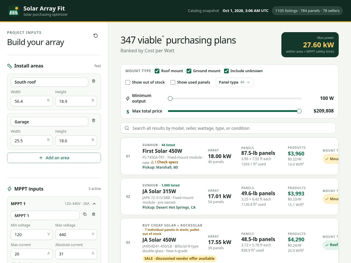 Landing-page snapshot of solararrayfit.com