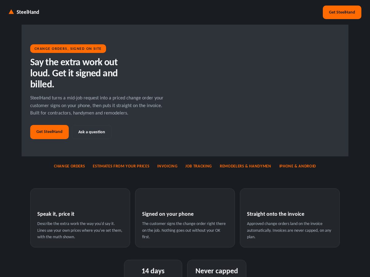Landing-page snapshot of steelhandapp.com