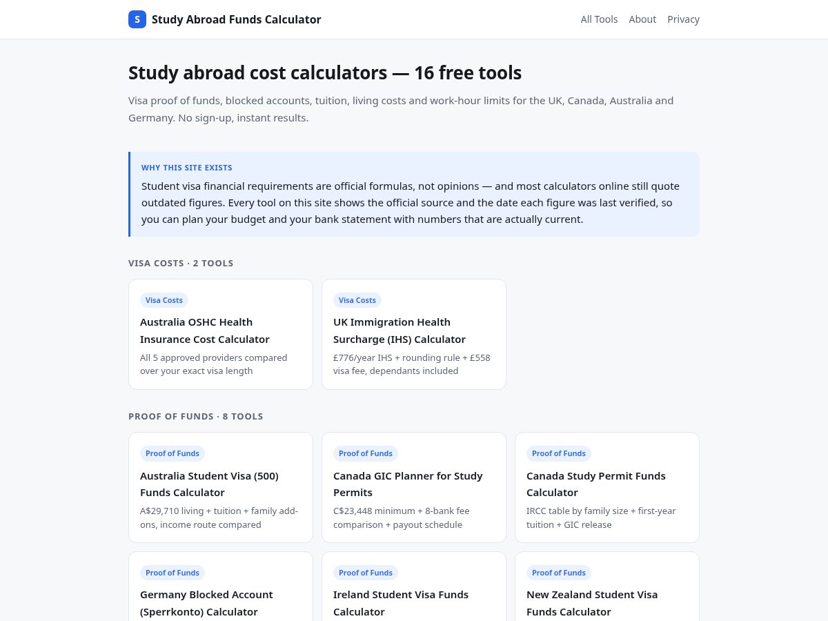 Landing-page snapshot of studyabroadcalc.com