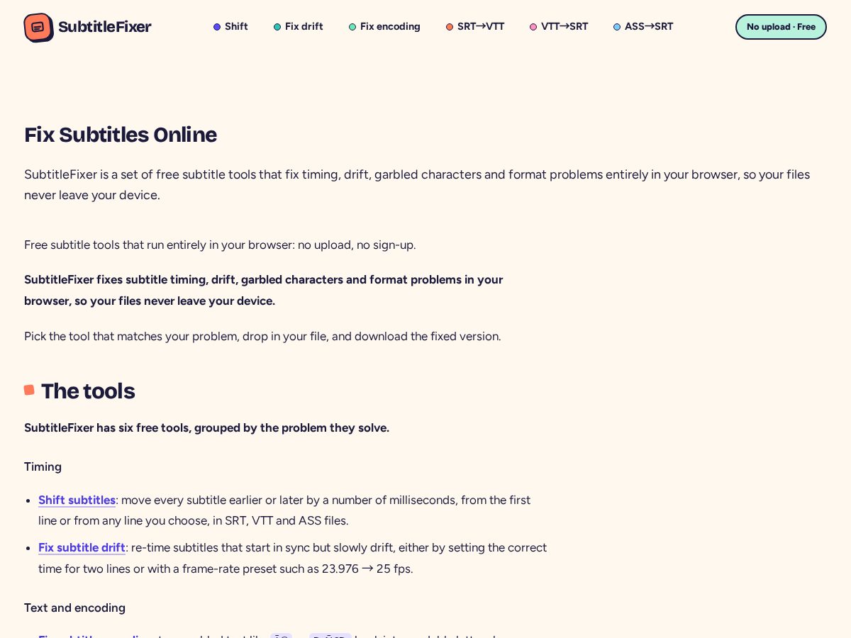Landing-page snapshot of subtitlefixer.com