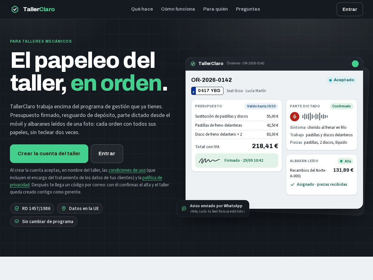 Landing-page snapshot of tallerclaro.com