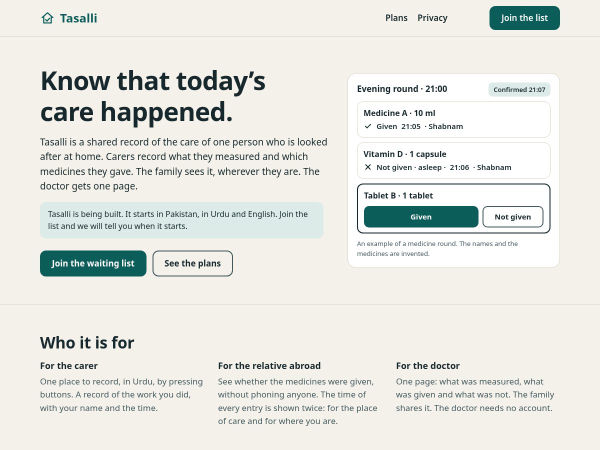 Landing-page snapshot of tasalli.app