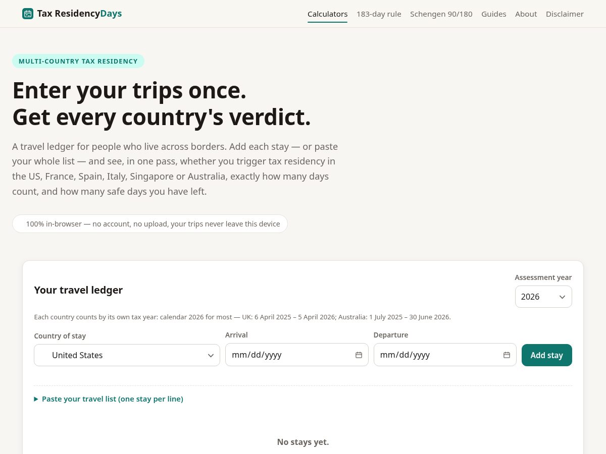 Landing-page snapshot of taxresidencydays.com