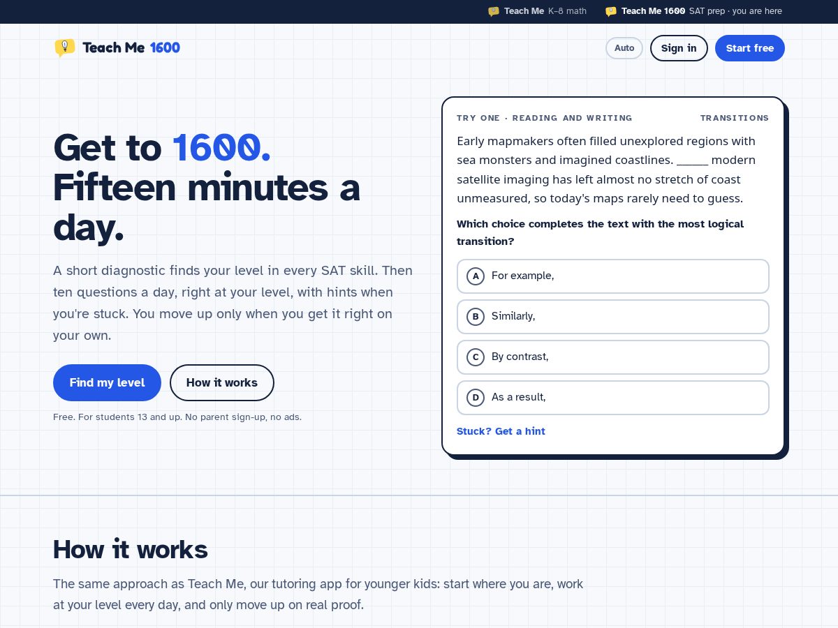 Landing-page snapshot of teachme1600.com
