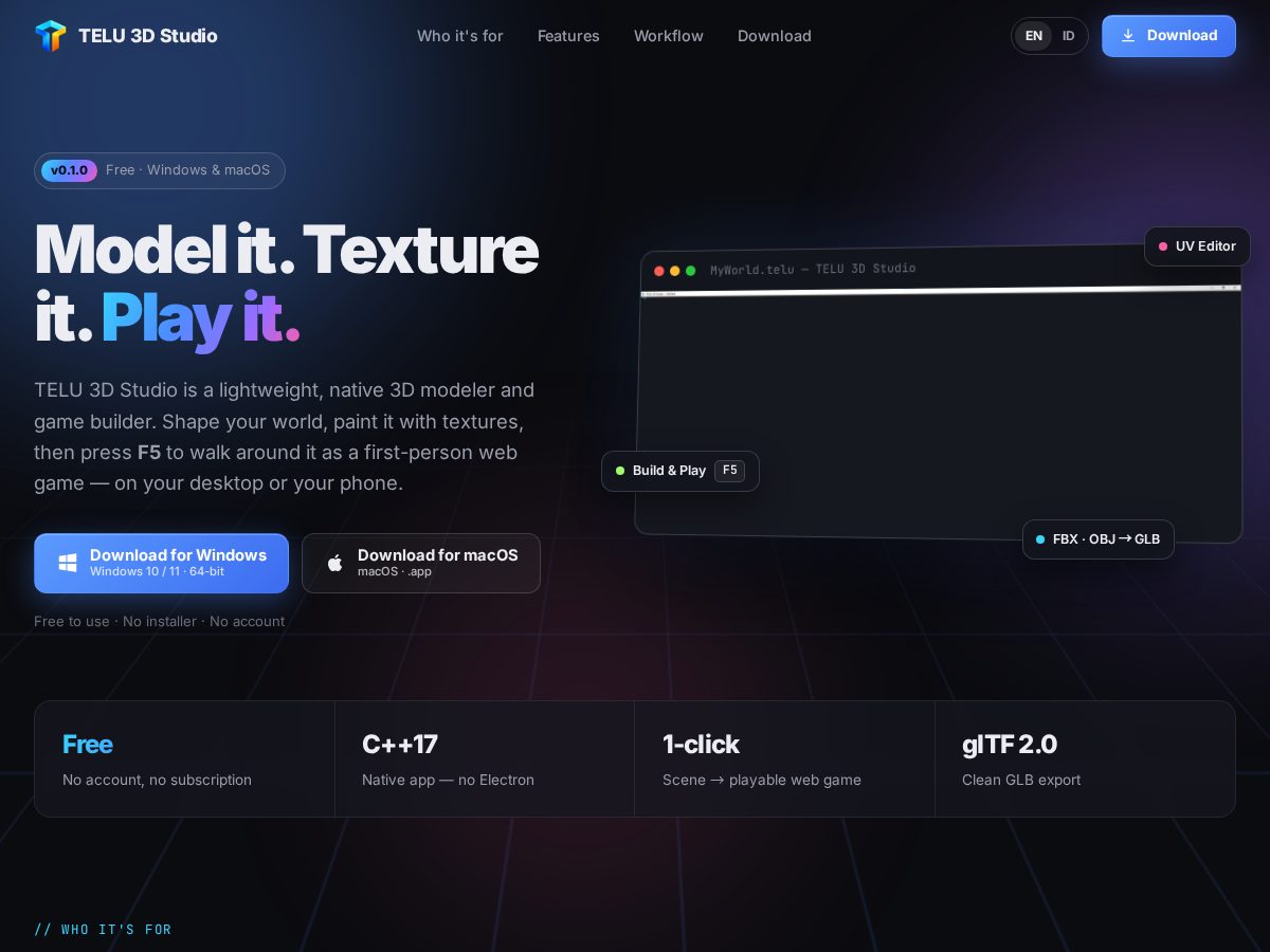 Landing-page snapshot of telu3dstudio.com
