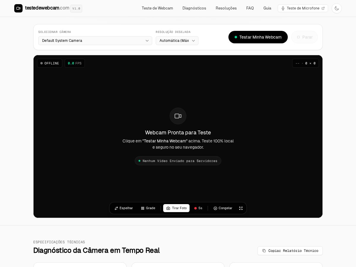 Landing-page snapshot of testedewebcam.com