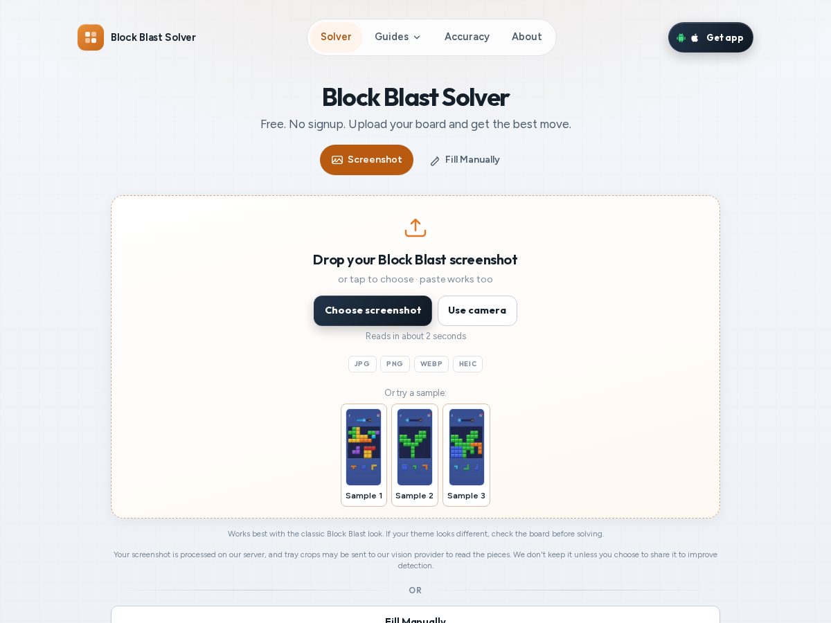 Landing-page snapshot of theblockblastsolver.org