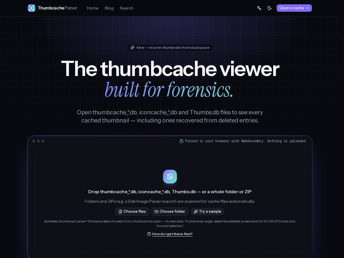 Landing-page snapshot of thumbcacheparser.app