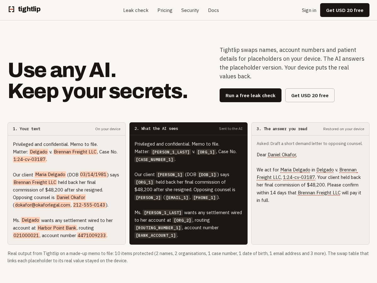 Landing-page snapshot of tightlipai.com