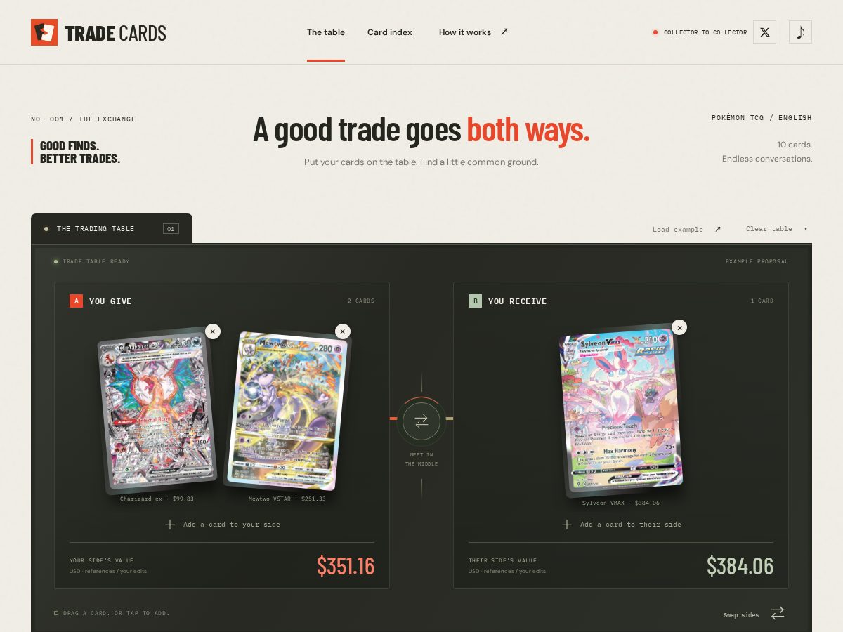 Landing-page snapshot of tradecards.fun