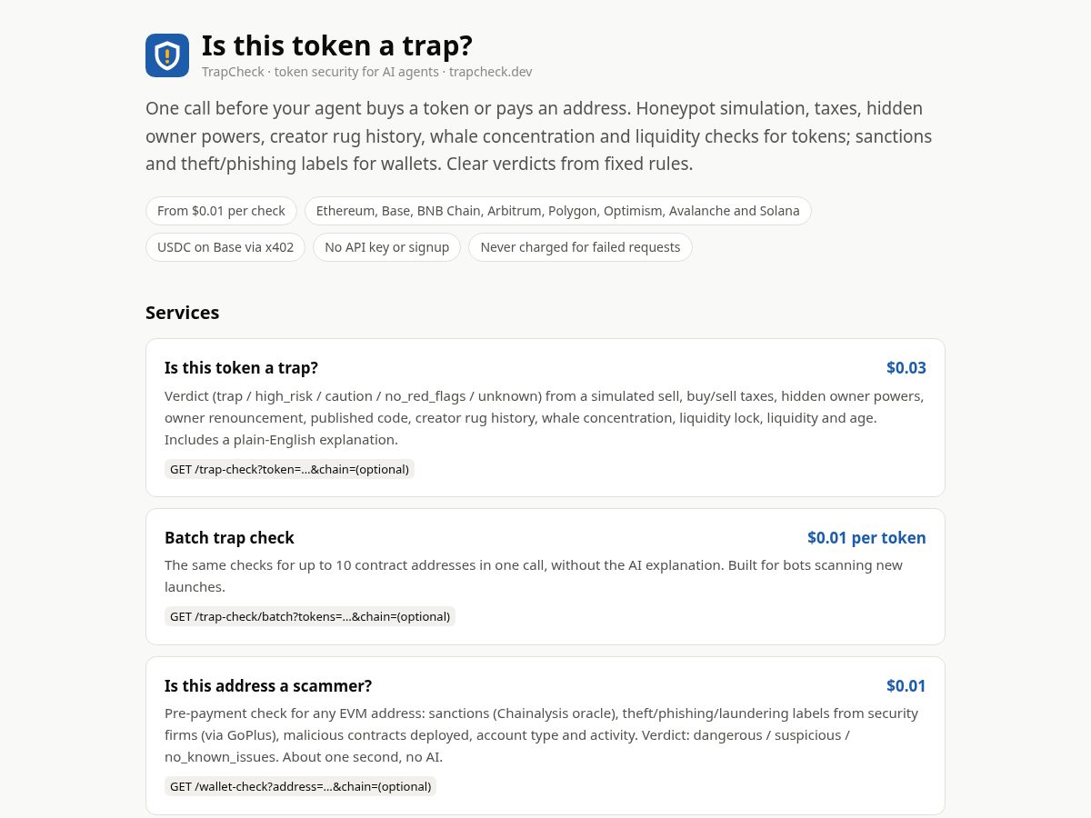 Landing-page snapshot of trapcheck.dev