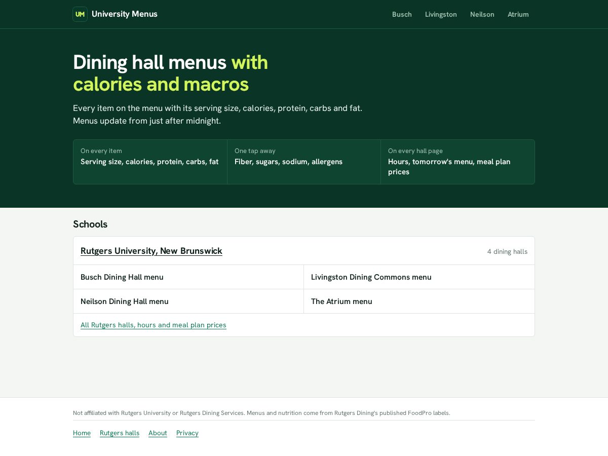 Landing-page snapshot of universitymenus.com
