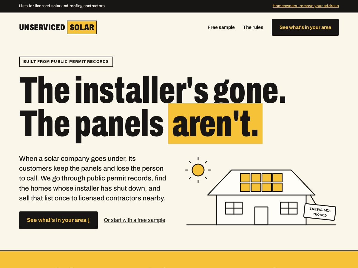 Landing-page snapshot of unservicedsolar.com