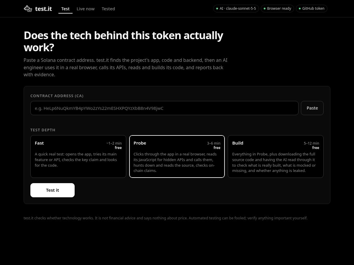 Landing-page snapshot of usetestit.xyz