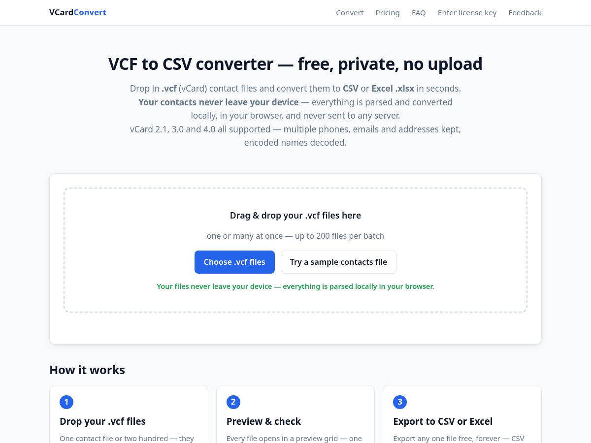 Landing-page snapshot of vcardconvert.com