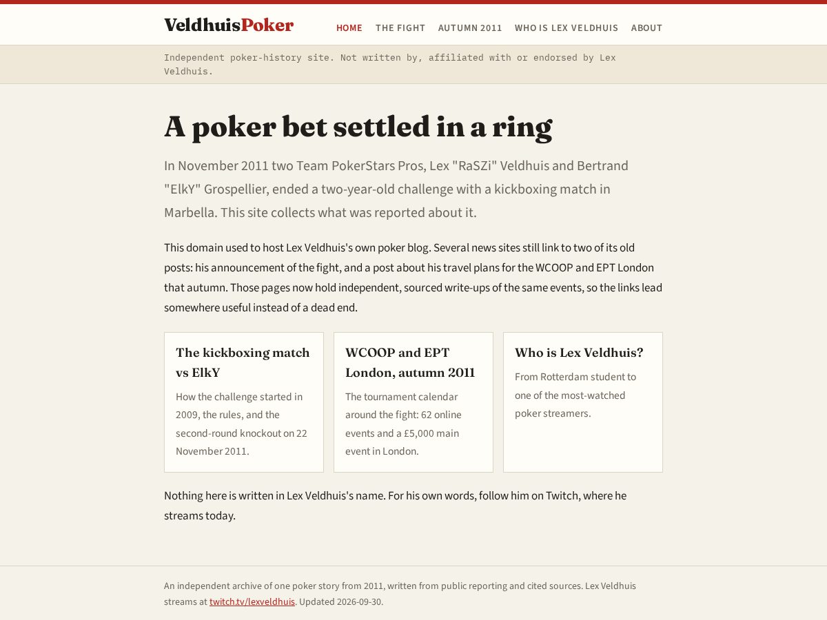 Landing-page snapshot of veldhuispoker.com