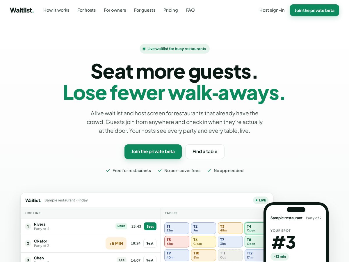 Landing-page snapshot of waitlistrestaurant.com
