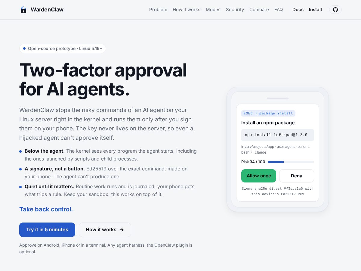 Landing-page snapshot of wardenclaw.dev