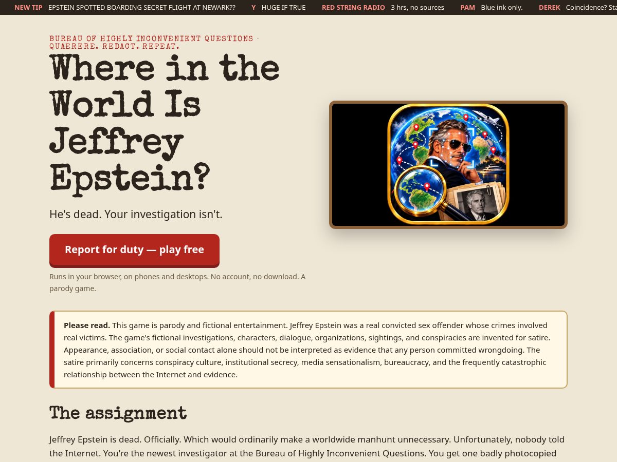 Landing-page snapshot of whereisepstein.com