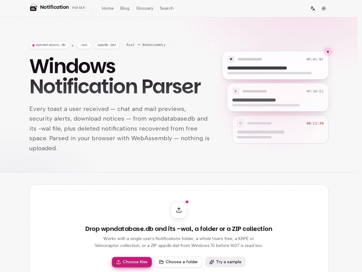 Landing-page snapshot of windowsnotificationparser.com
