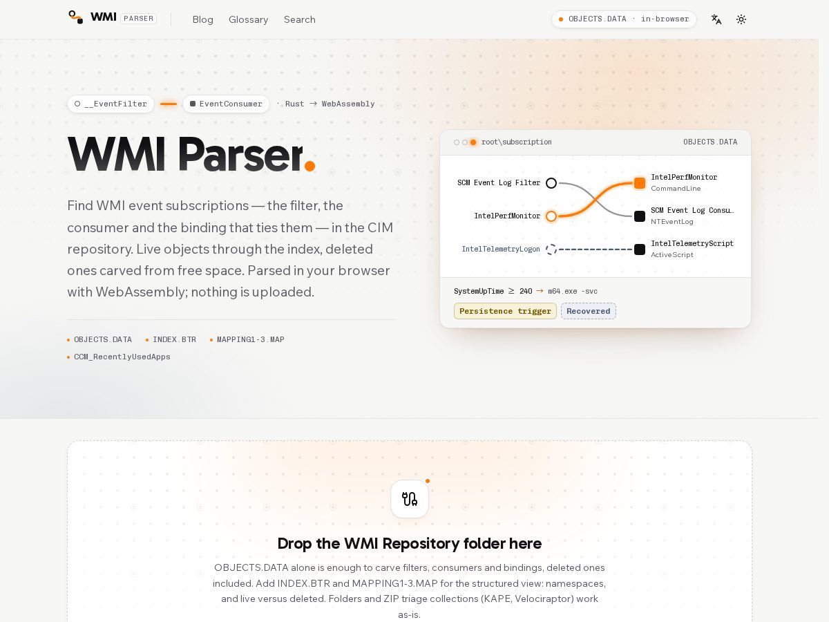 Landing-page snapshot of wmiparser.com
