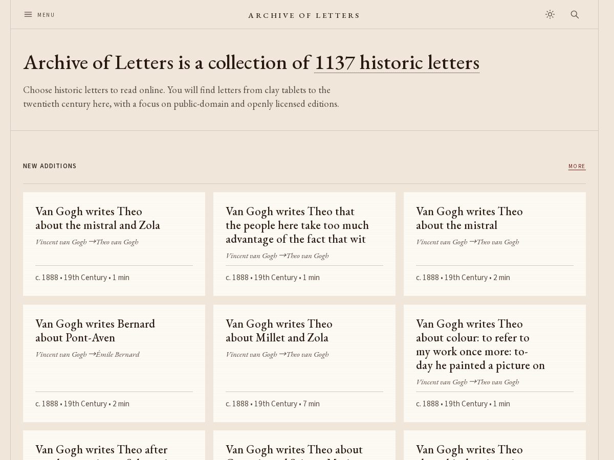 Landing-page snapshot of archiveofletters.com