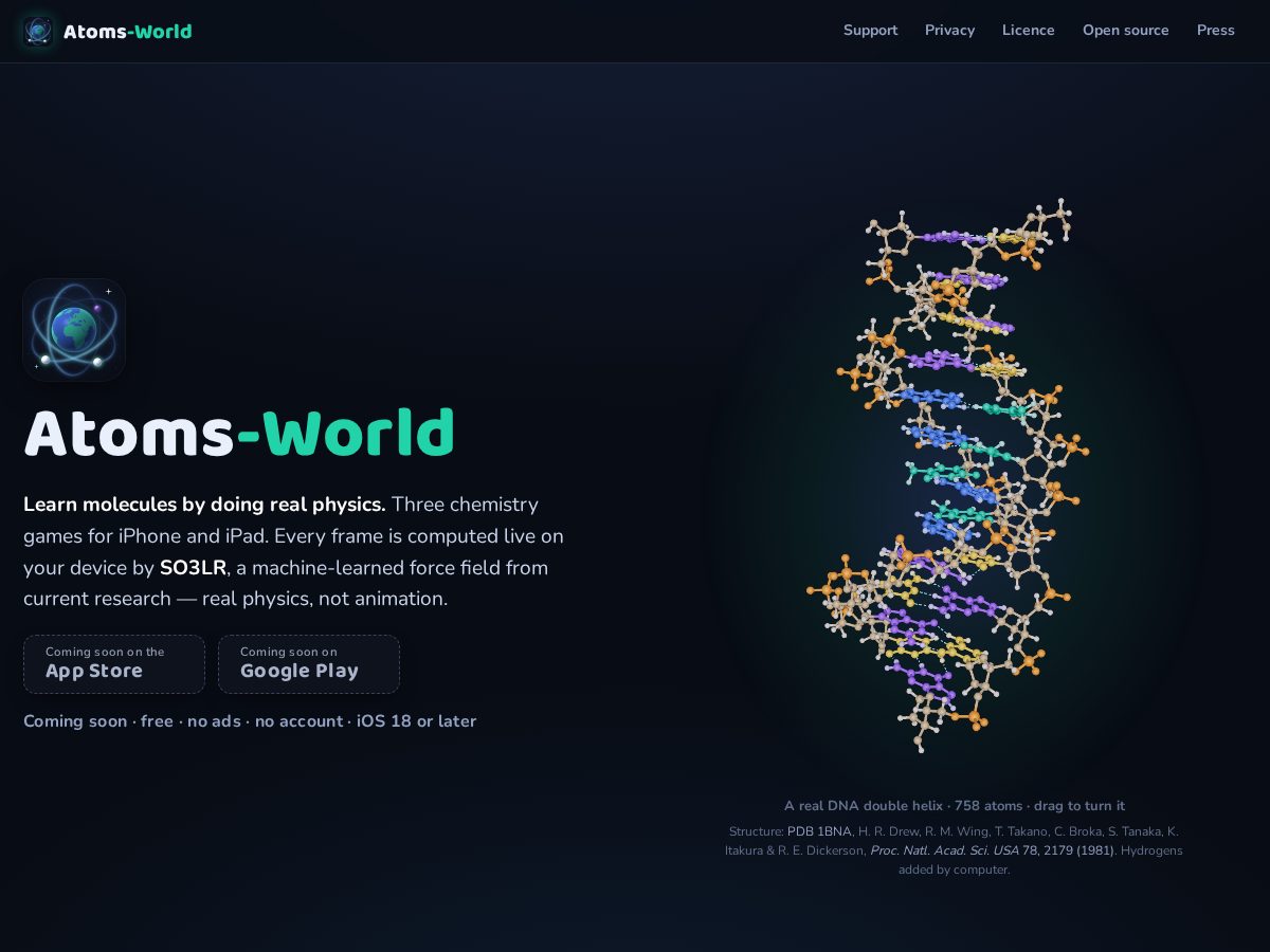 Landing-page snapshot of atoms-world.online