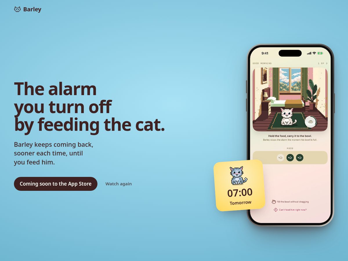 Landing-page snapshot of barleyalarm.com
