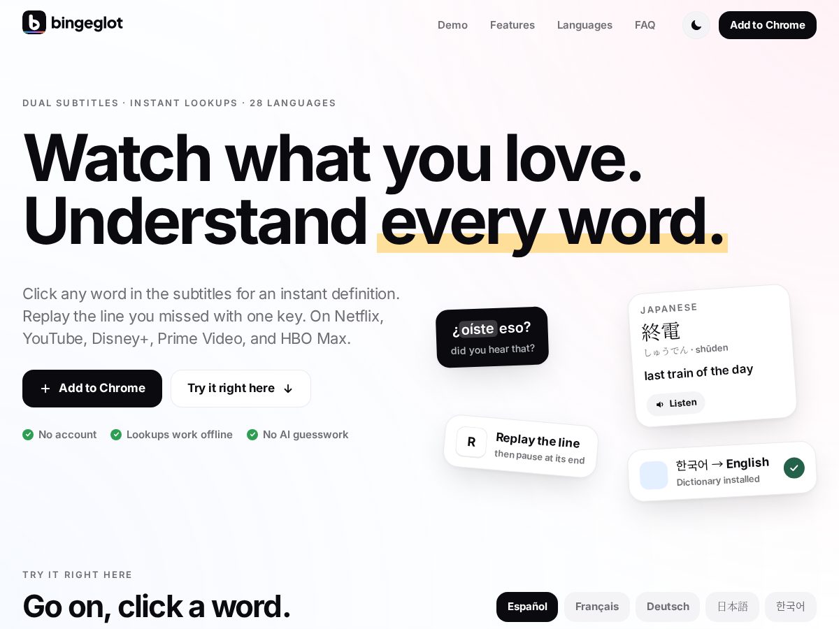 Landing-page snapshot of bingeglot.com