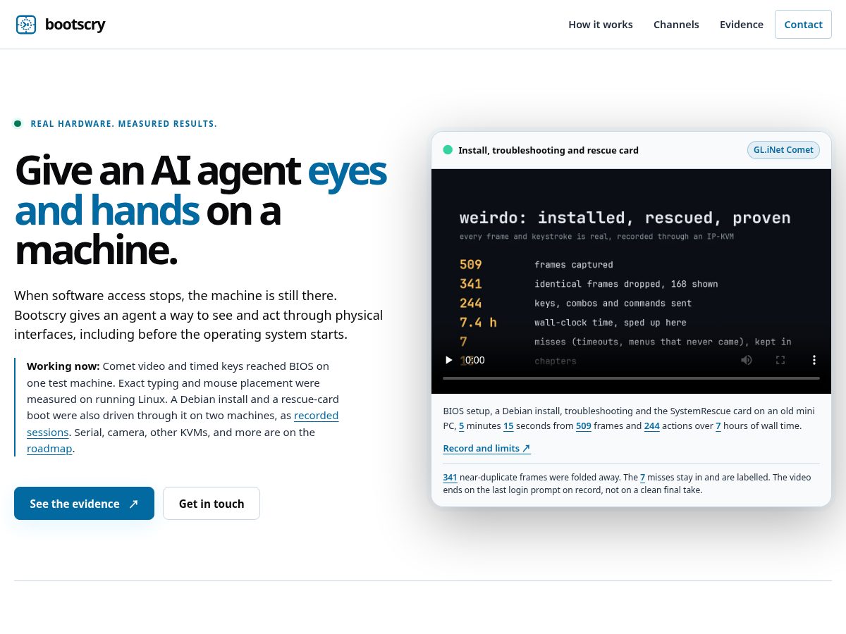 Landing-page snapshot of bootscry.dev