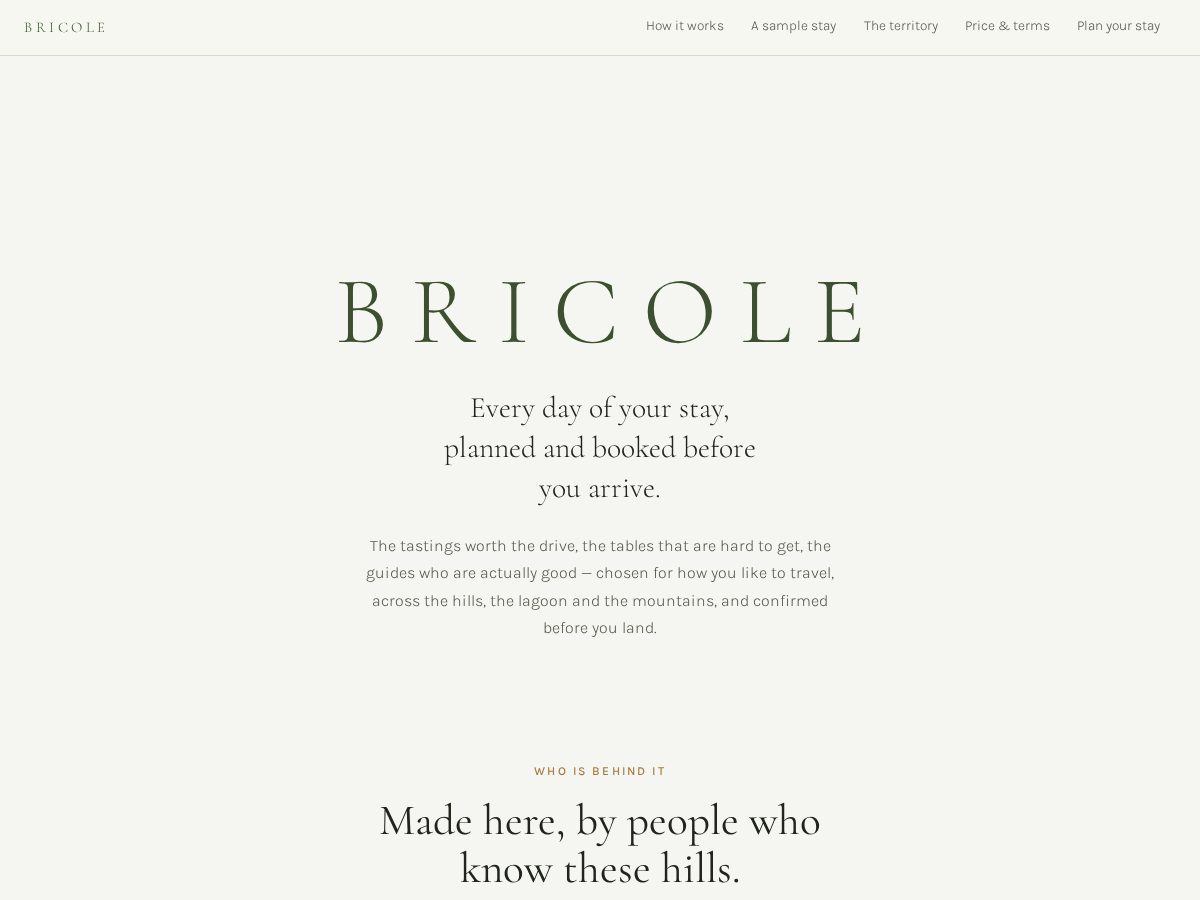 Landing-page snapshot of bricoletravel.com
