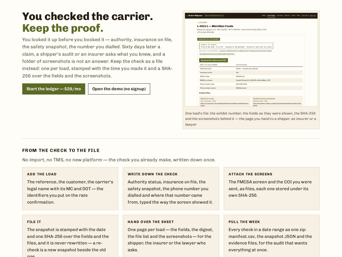 Landing-page snapshot of brokerdiligence.app