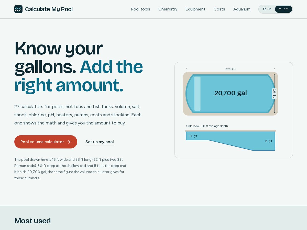 Landing-page snapshot of calculatemypool.com