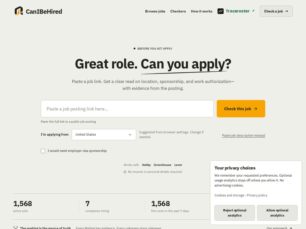 Landing-page snapshot of canibehired.com
