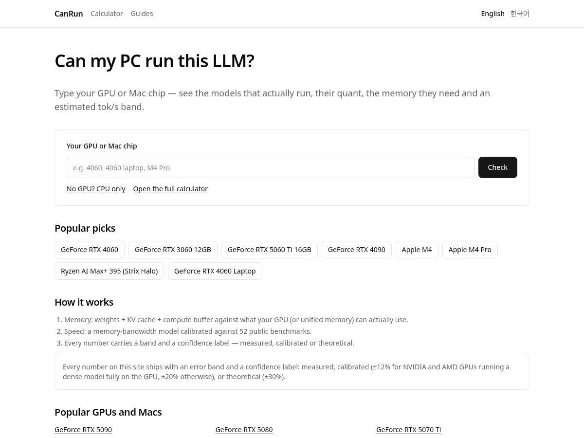 Landing-page snapshot of canrunllm.com