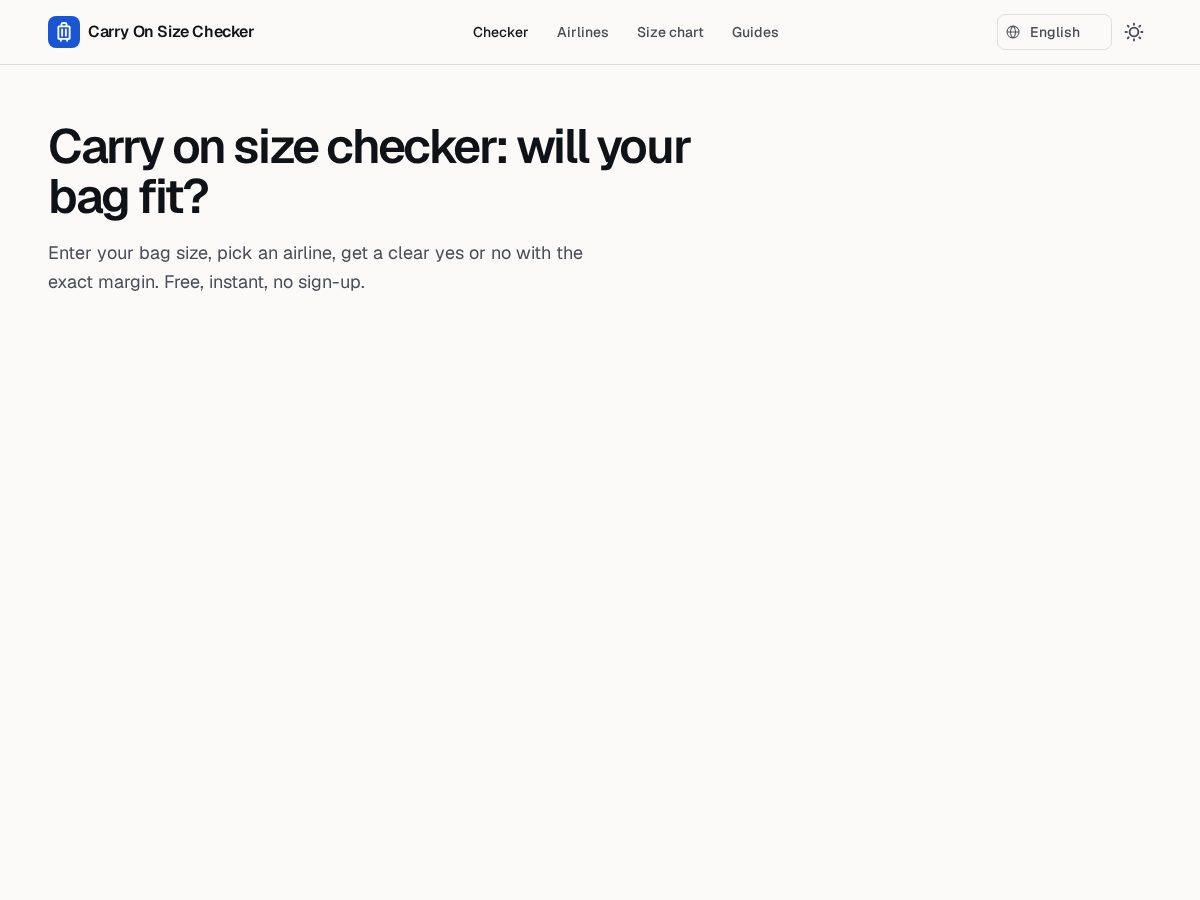 Landing-page snapshot of carryonsizechecker.com