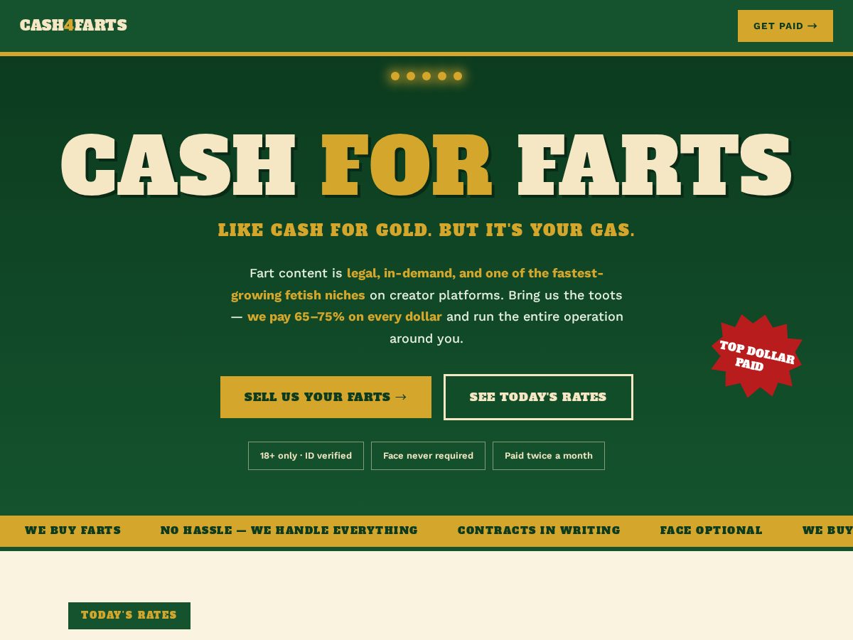 Landing-page snapshot of cashforfarts.com