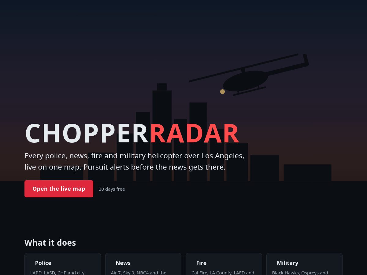 Landing-page snapshot of chopperradar.com