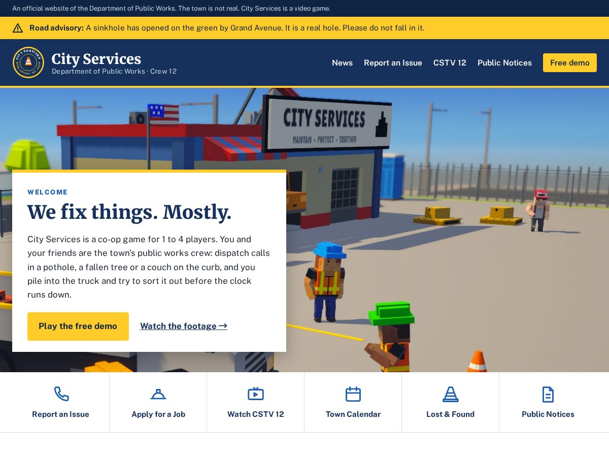 Landing-page snapshot of cityservicesgame.com