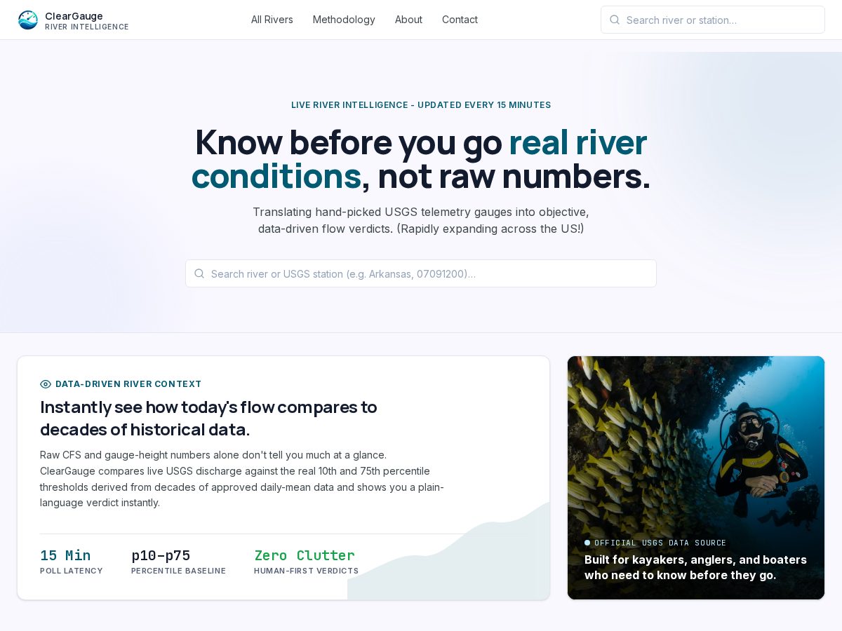 Landing-page snapshot of cleargaugerivers.com
