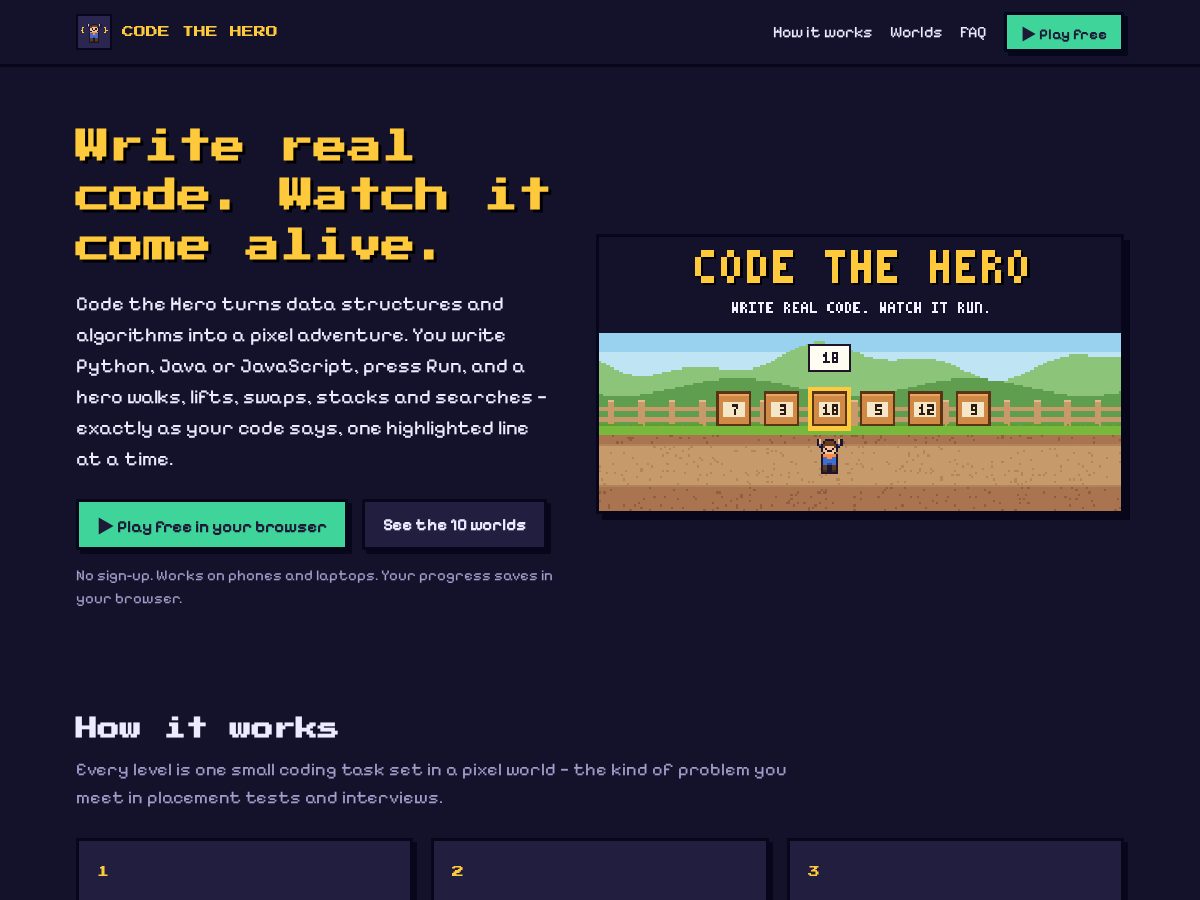 Landing-page snapshot of codethehero.com