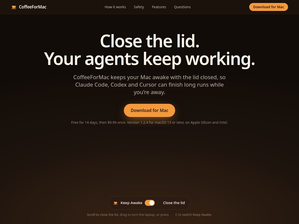 Landing-page snapshot of coffeeformac.com