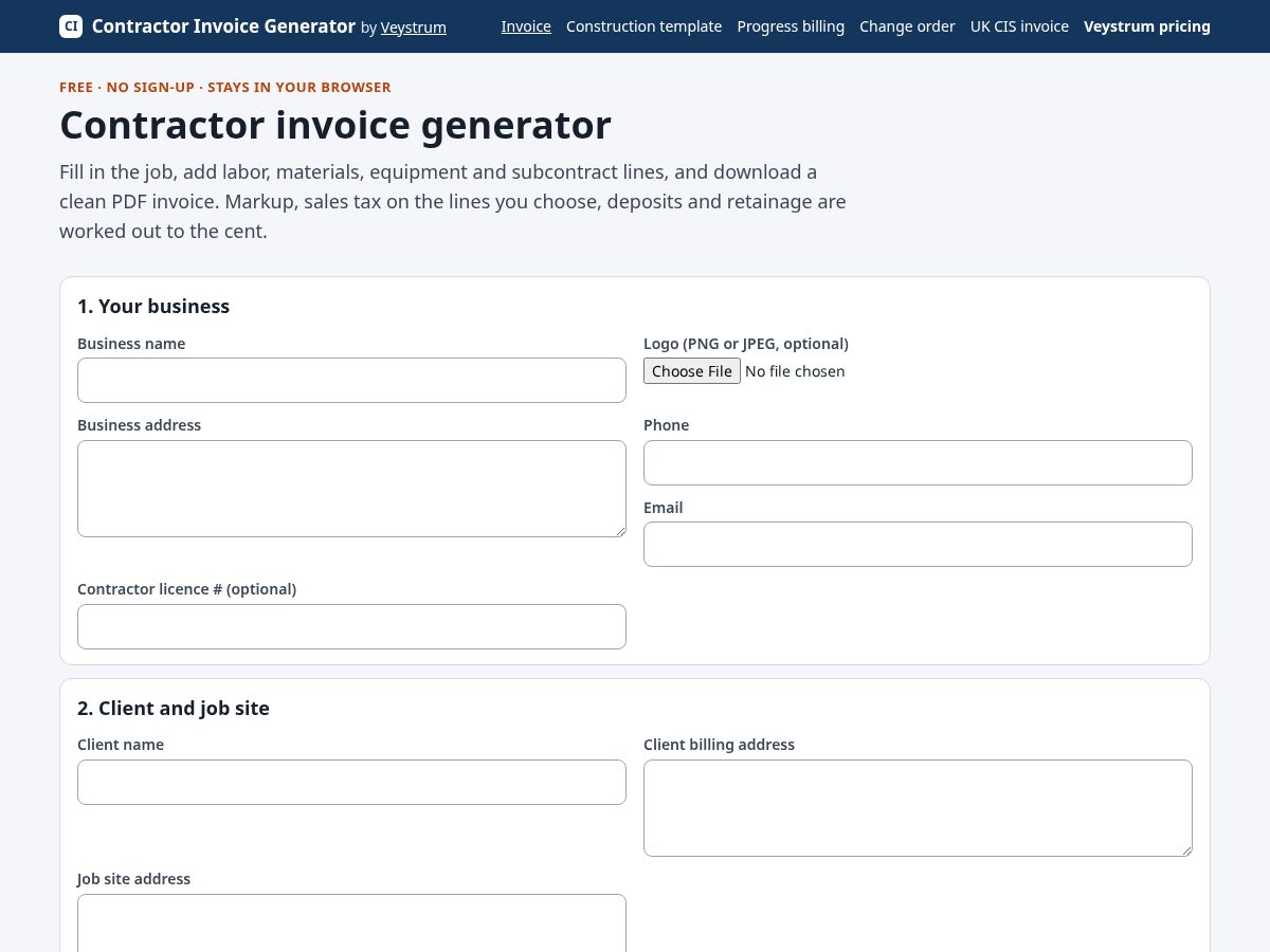 Landing-page snapshot of contractorinvoicegenerator.com