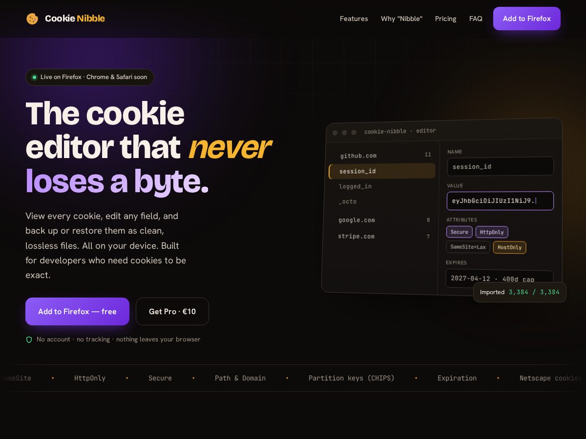 Landing-page snapshot of cookienibble.com