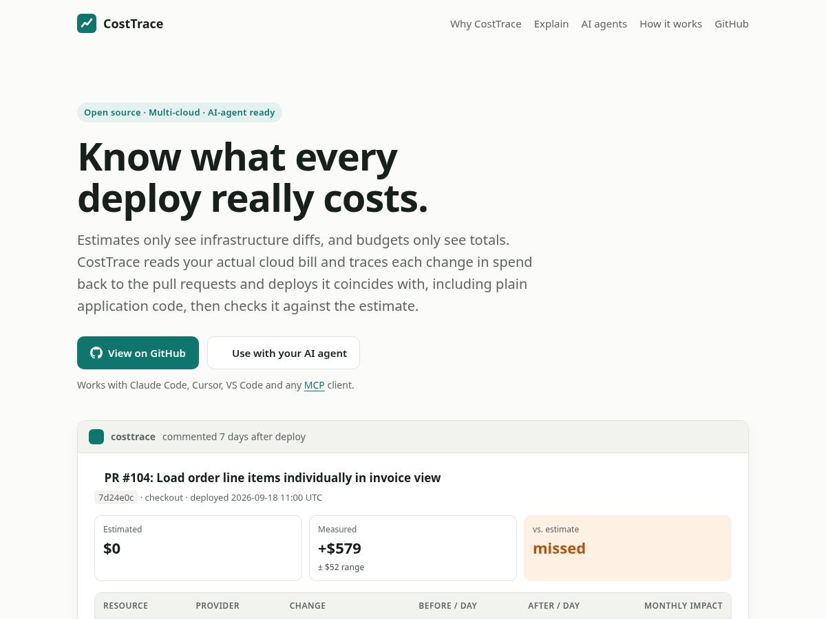 Landing-page snapshot of costtrace.dev