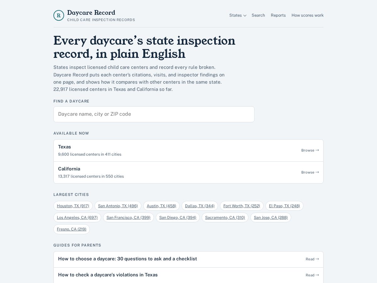 Landing-page snapshot of daycarerecords.com
