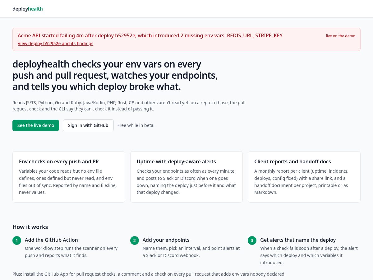 Landing-page snapshot of deployhealth.dev
